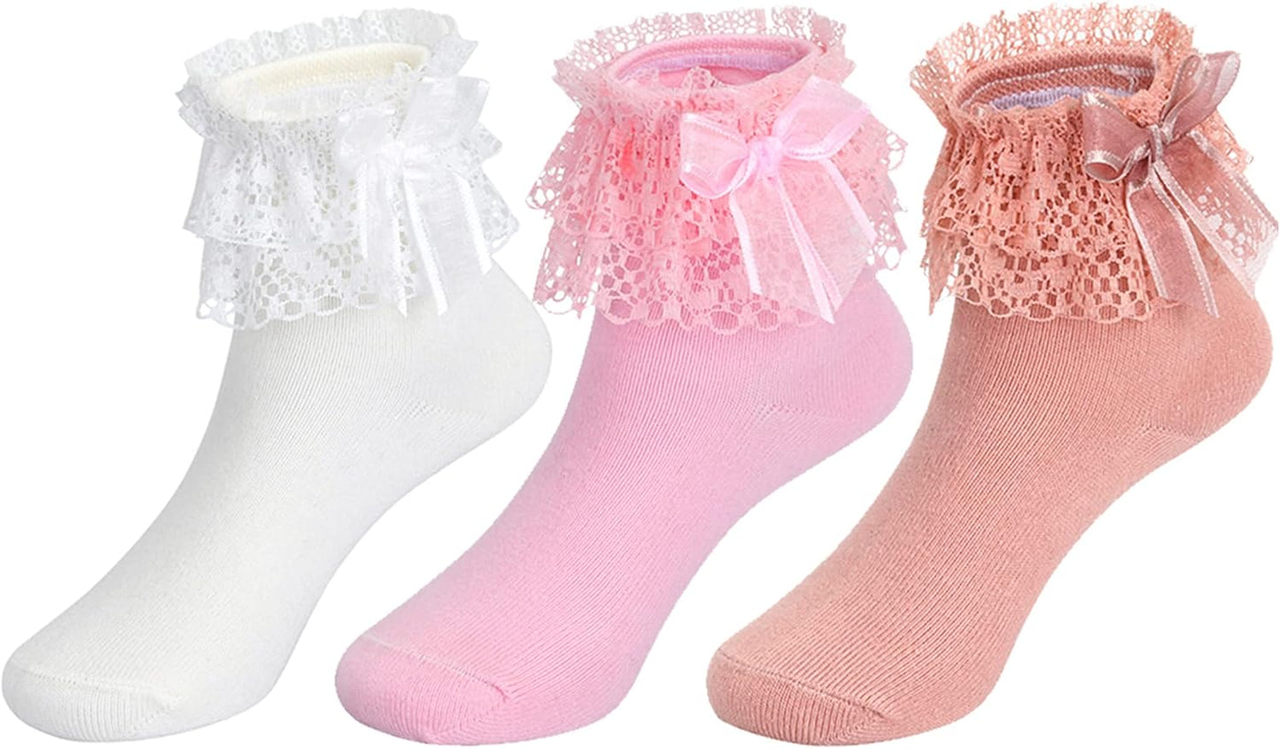 Toddler Girls Ruffle Socks Little Baby Cute Bowknot Lace Dress Socks 6 Pairs