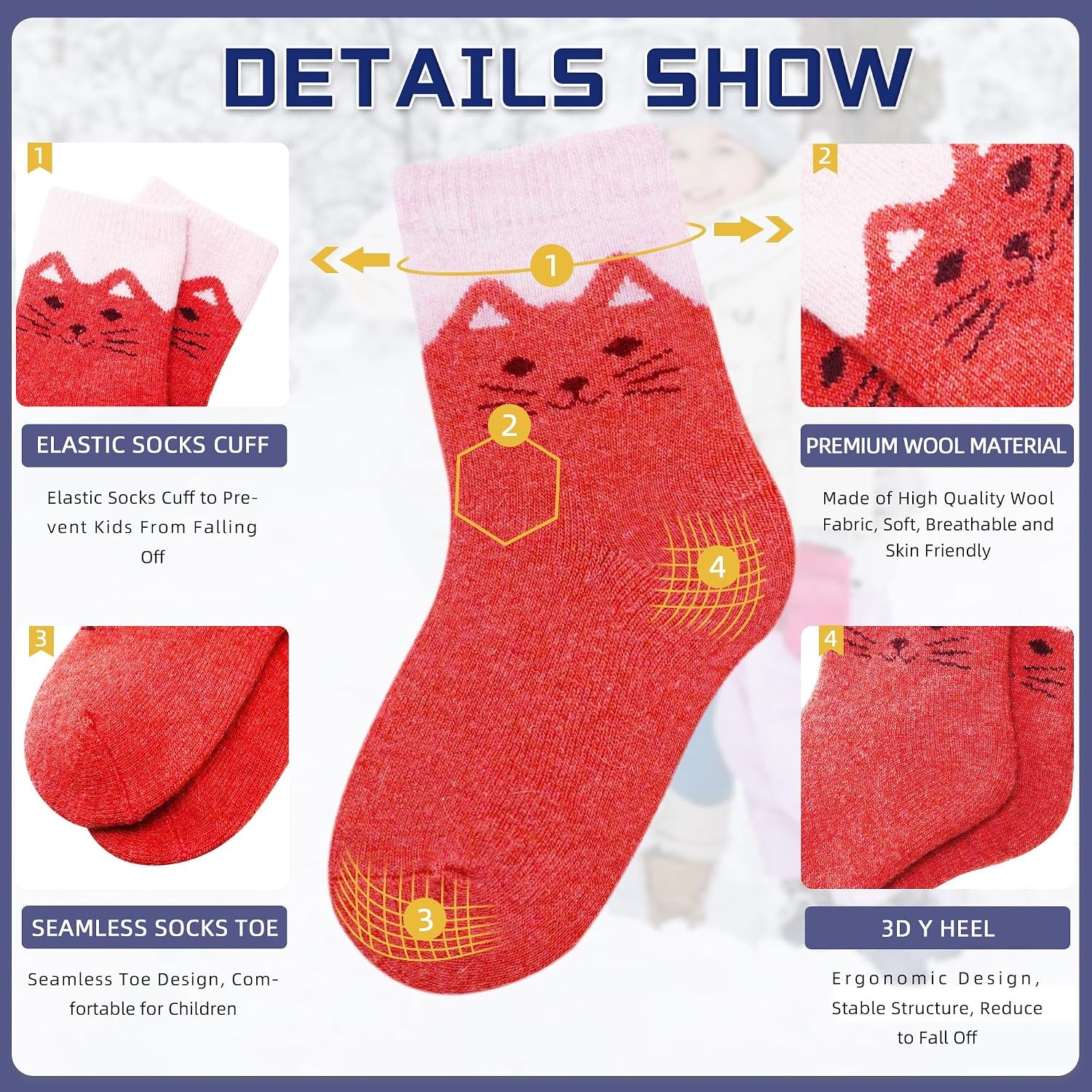 Kids Wool Socks Winter Warm Wool Hiking Thermal Thick Boot Cozy Crew Socks for Toddlers Boys Girls 6 Pairs