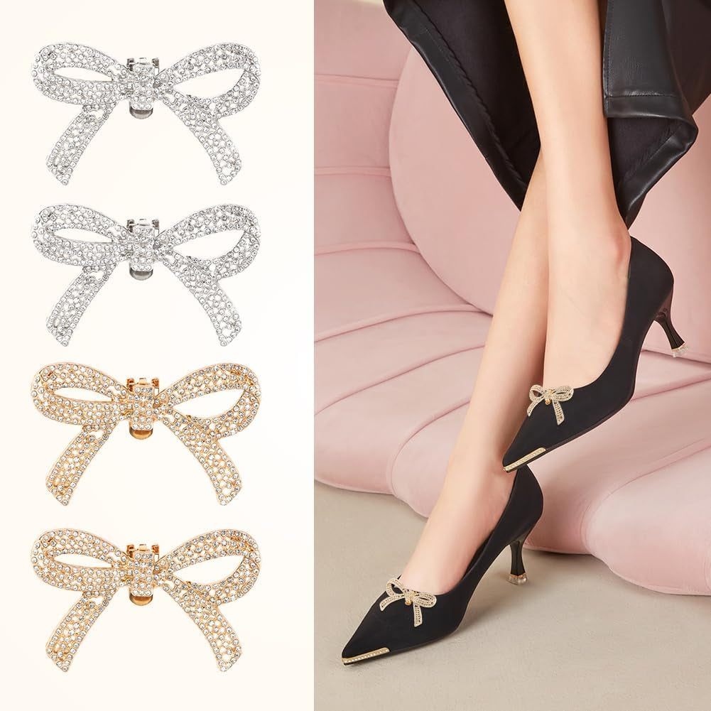 2 Pairs Shoe Clips,Rhinestone Bow Shoe Clips,Detachable Classic Fashion Sparkling Bow Heels,Heels Accessories Fashion Bridal Wedding Shoe Jewelry Clips Shoes Jewelry Decoration