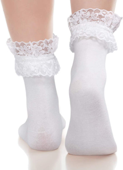 6 Pairs Ruffle Lace Ankle Socks Frilly Socks Women Princess(Black, White)