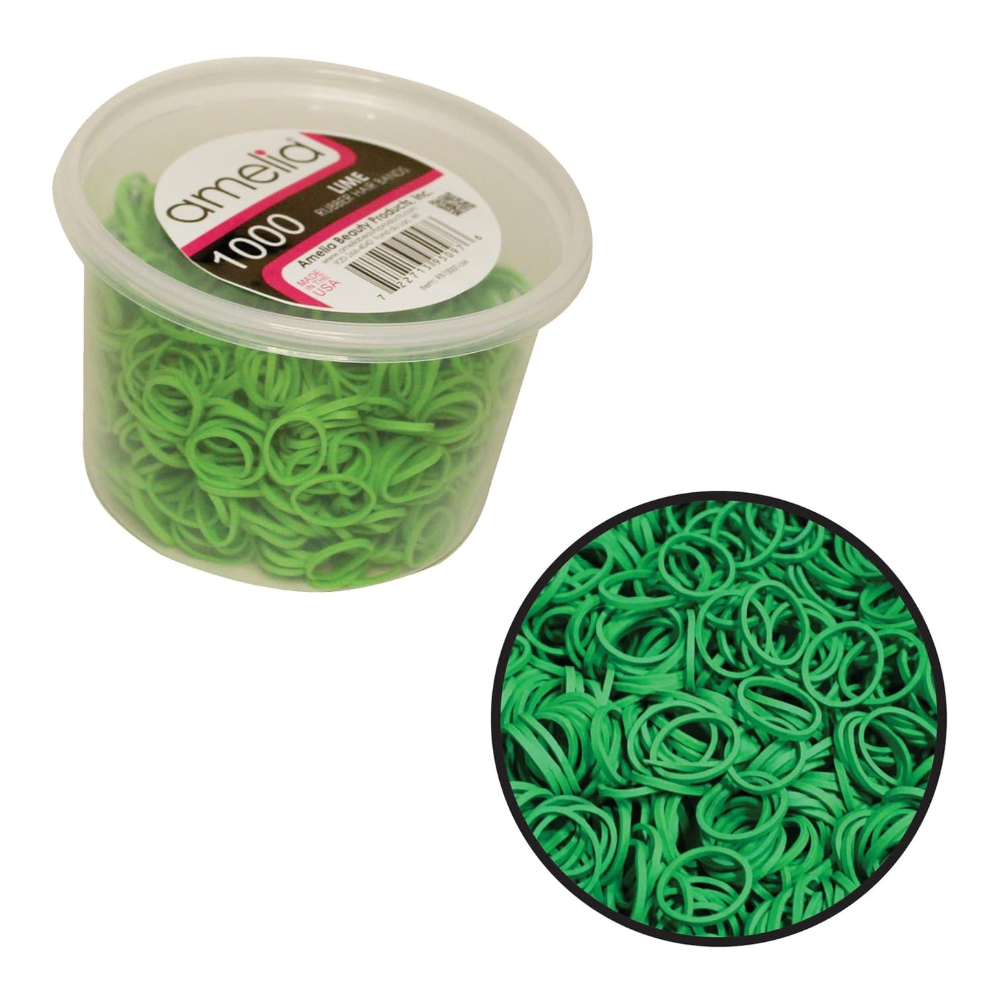 Amelia Beauty 1000 Count Small Rubber Bands for Hair – ½" Lime - Made in USA - Recloseable Container - Mini Hair Elastics for Braids, Ponytails, Cornrows & Twists – Strong Hold Ponytail Holders