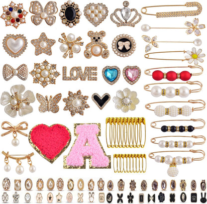 Shoe Charms for Sneakers 100Pcs Gold Junk Socks Charms Kit Brooches and Pins for Women DIY Junk Socks Sneaker Charm for Shoes Safety Pin Hats Bling Jewelry Decoration Accessories Bulk