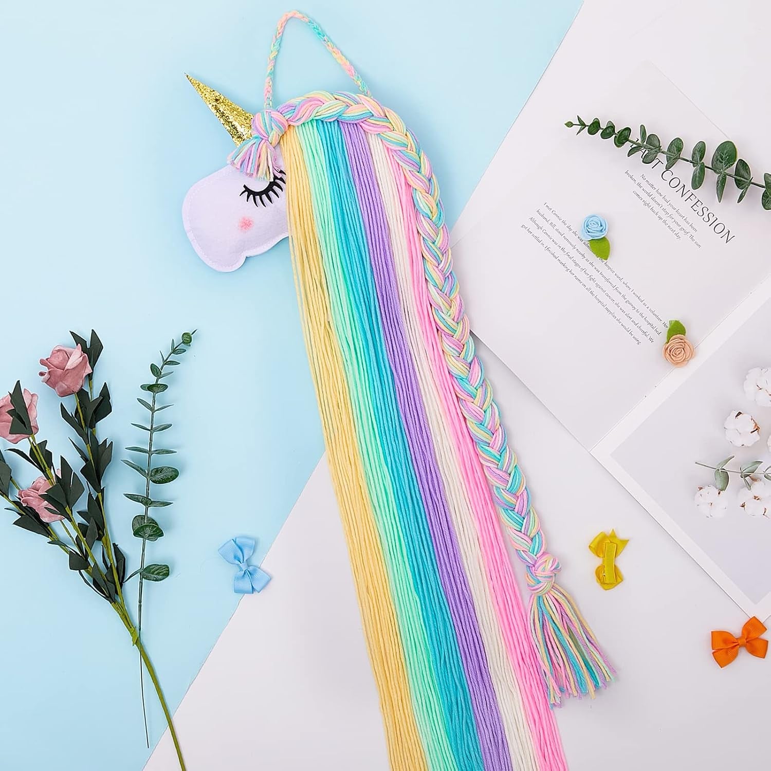 Unicorn Hair Bow Holder for Girls Wall Hanging Decor and Baby Hair Clip Hanger Organizer, Rainbow