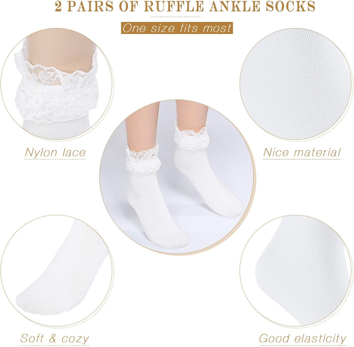 6 Pairs Ruffle Lace Ankle Socks Frilly Socks Women Princess(Black, White)