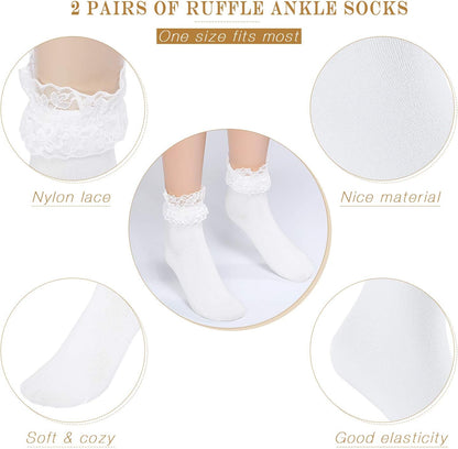 6 Pairs Ruffle Lace Ankle Socks Frilly Socks Women Princess(Black, White)