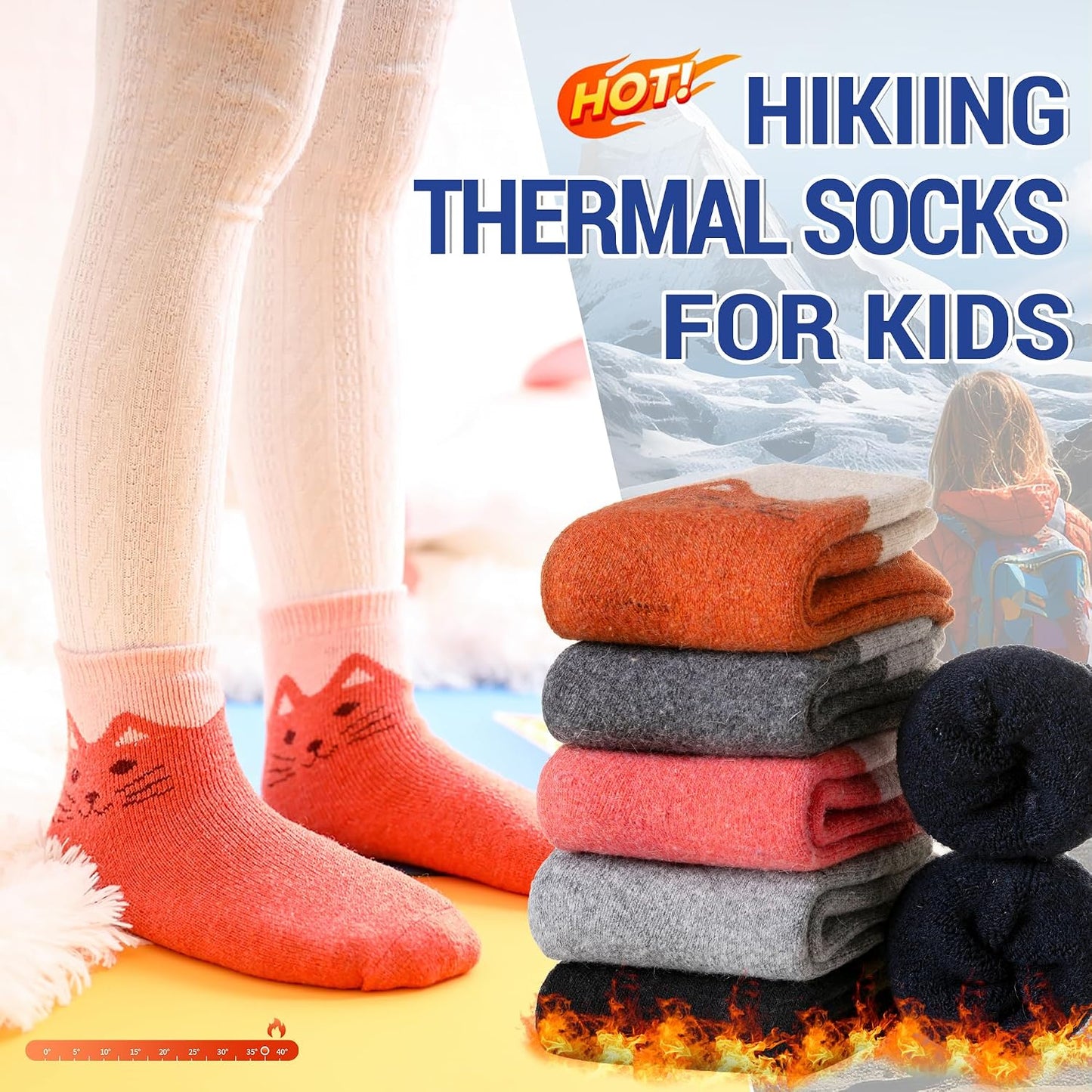 Kids Wool Socks Winter Warm Wool Hiking Thermal Thick Boot Cozy Crew Socks for Toddlers Boys Girls 6 Pairs