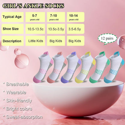 Girl Socks - 12 Pairs Girls Ankle Athletic Running Low Cut Socks