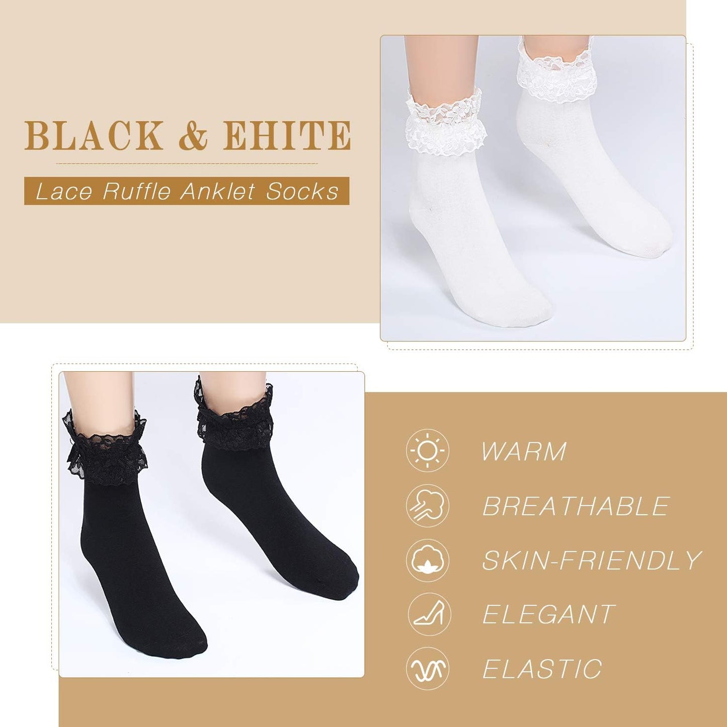 6 Pairs Ruffle Lace Ankle Socks Frilly Socks Women Princess(Black, White)