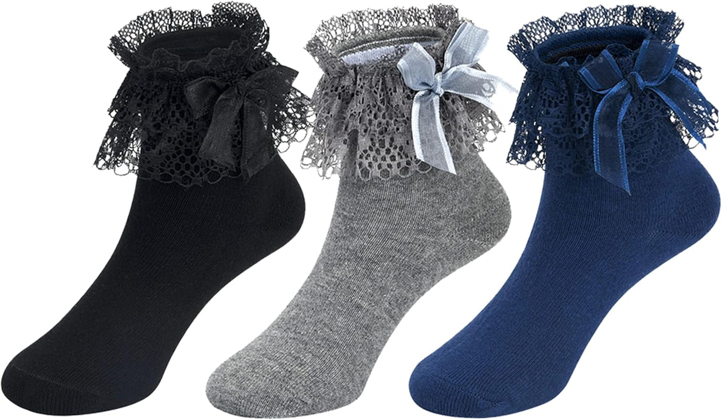 Toddler Girls Ruffle Socks Little Baby Cute Bowknot Lace Dress Socks 6 Pairs