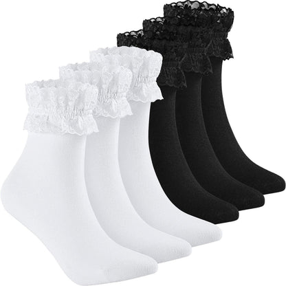 6 Pairs Ruffle Lace Ankle Socks Frilly Socks Women Princess(Black, White)