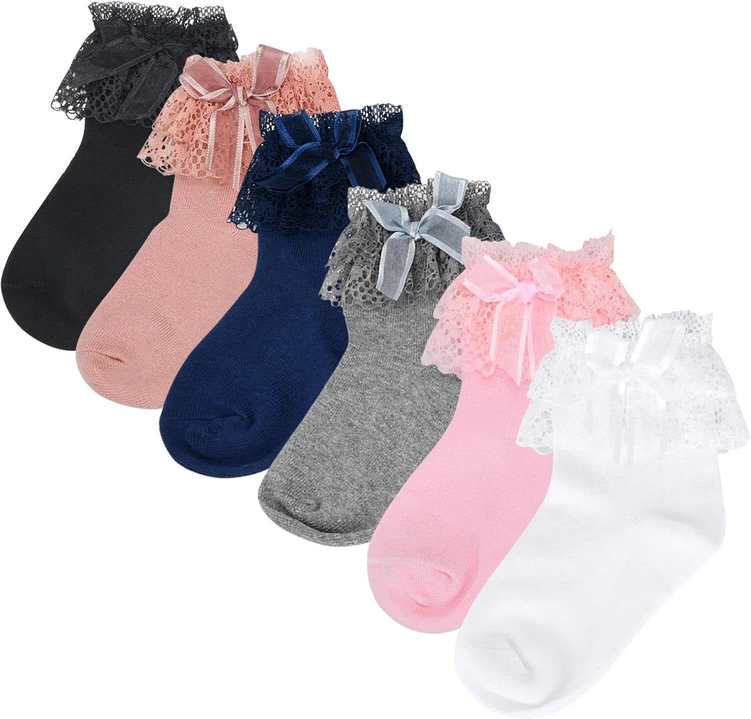 Toddler Girls Ruffle Socks Little Baby Cute Bowknot Lace Dress Socks 6 Pairs