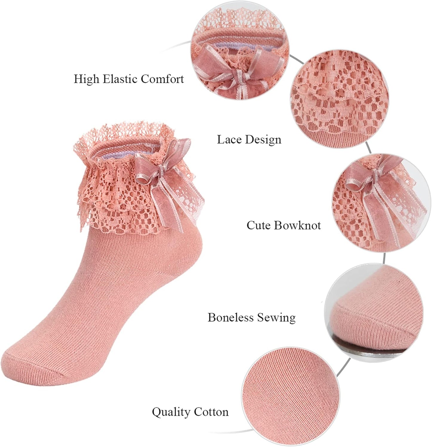 Toddler Girls Ruffle Socks Little Baby Cute Bowknot Lace Dress Socks 6 Pairs