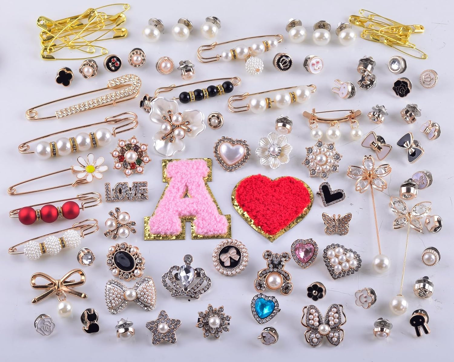 Shoe Charms for Sneakers 100Pcs Gold Junk Socks Charms Kit Brooches and Pins for Women DIY Junk Socks Sneaker Charm for Shoes Safety Pin Hats Bling Jewelry Decoration Accessories Bulk