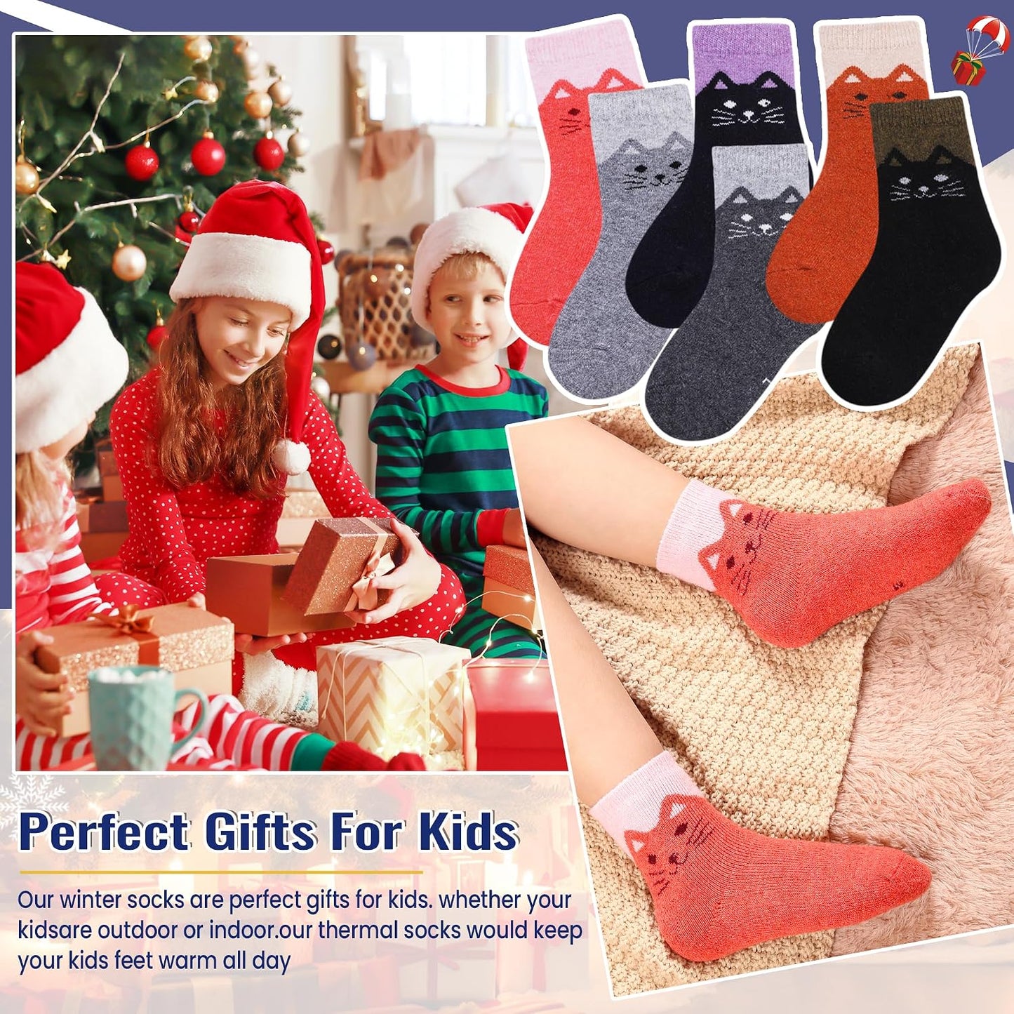 Kids Wool Socks Winter Warm Wool Hiking Thermal Thick Boot Cozy Crew Socks for Toddlers Boys Girls 6 Pairs
