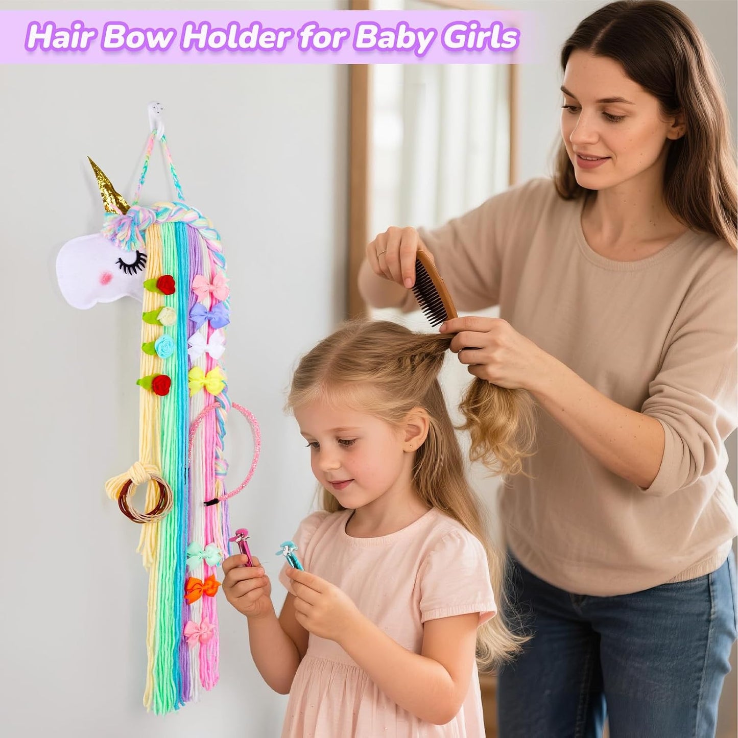 Unicorn Hair Bow Holder for Girls Wall Hanging Decor and Baby Hair Clip Hanger Organizer, Rainbow