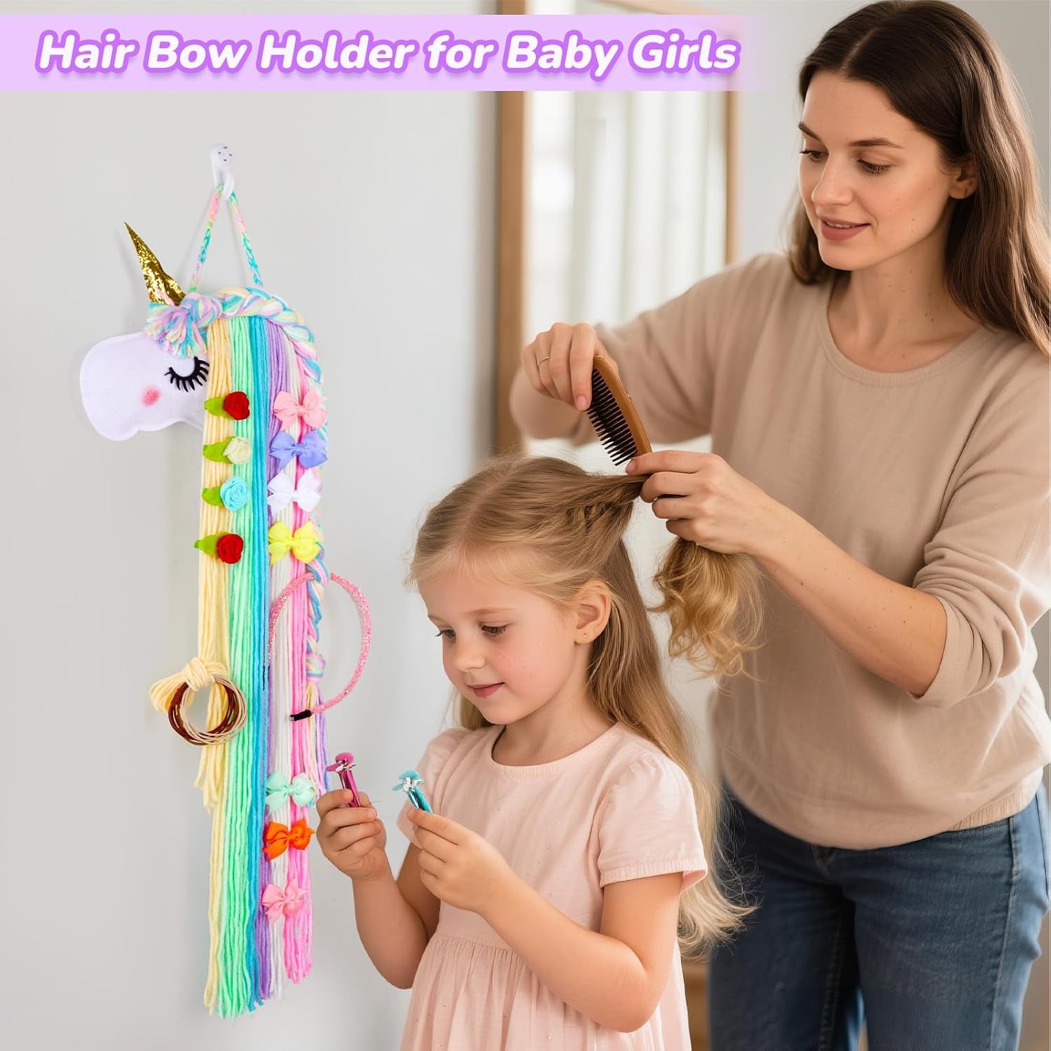 Unicorn Hair Bow Holder for Girls Wall Hanging Decor and Baby Hair Clip Hanger Organizer, Rainbow