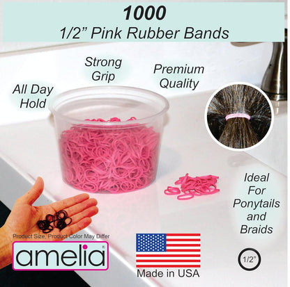 Amelia Beauty 1000 Count Small Rubber Bands for Hair – ½" Pink - Made in USA - Recloseable Container - Mini Hair Elastics for Braids, Ponytails, Cornrows & Twists – Strong Hold Ponytail Holders