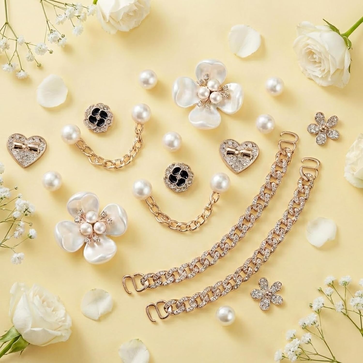 18 Pcs Bling Shoe Charms for Women, Flower Pearl Clog Shoes Accessories, Fashion Crystal Rhinestone Shoes Charms Pearl Chain DIY Sandals Decoration for Women Birthday Party Favors Accessories