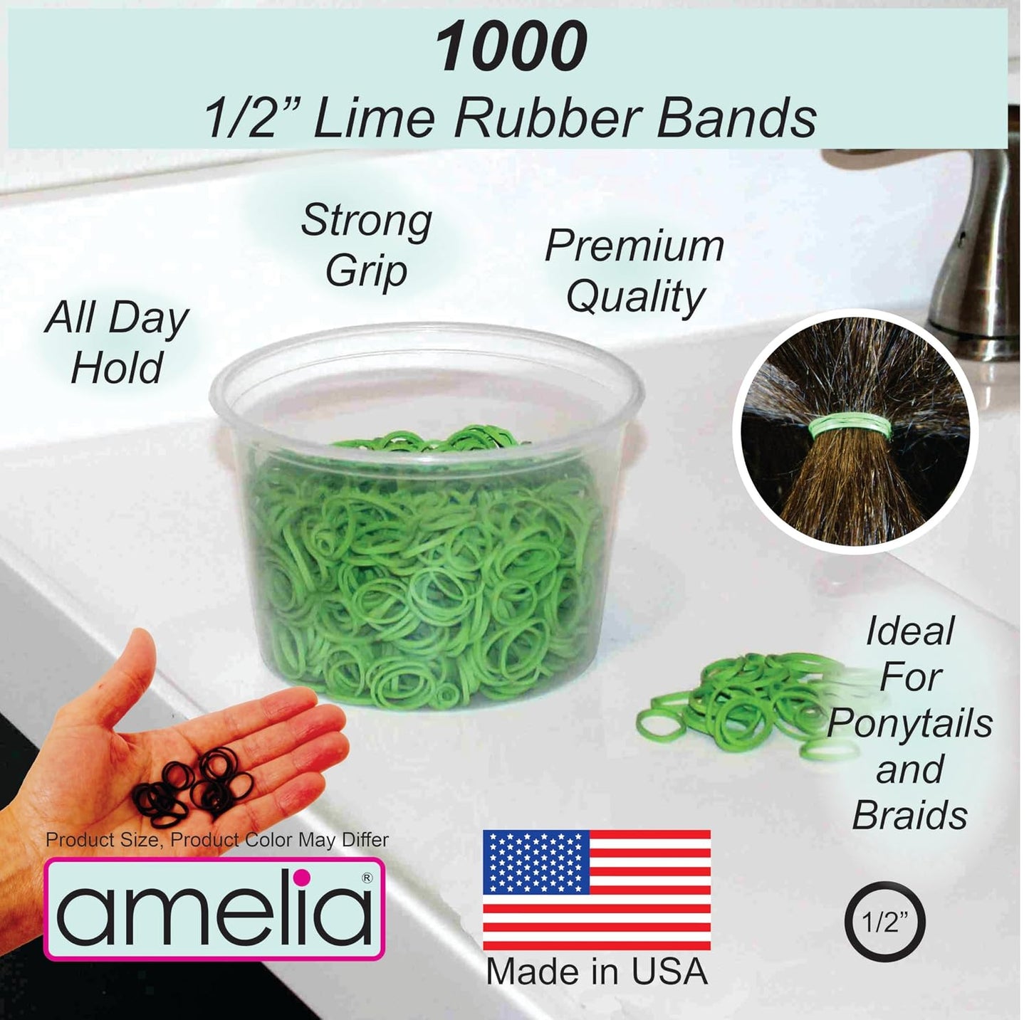 Amelia Beauty 1000 Count Small Rubber Bands for Hair – ½" Lime - Made in USA - Recloseable Container - Mini Hair Elastics for Braids, Ponytails, Cornrows & Twists – Strong Hold Ponytail Holders