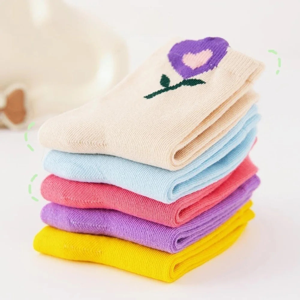 5 Pairs Girls Socks Cute Cartoon Flower Pattern Comfortable Breathable Kids Socks