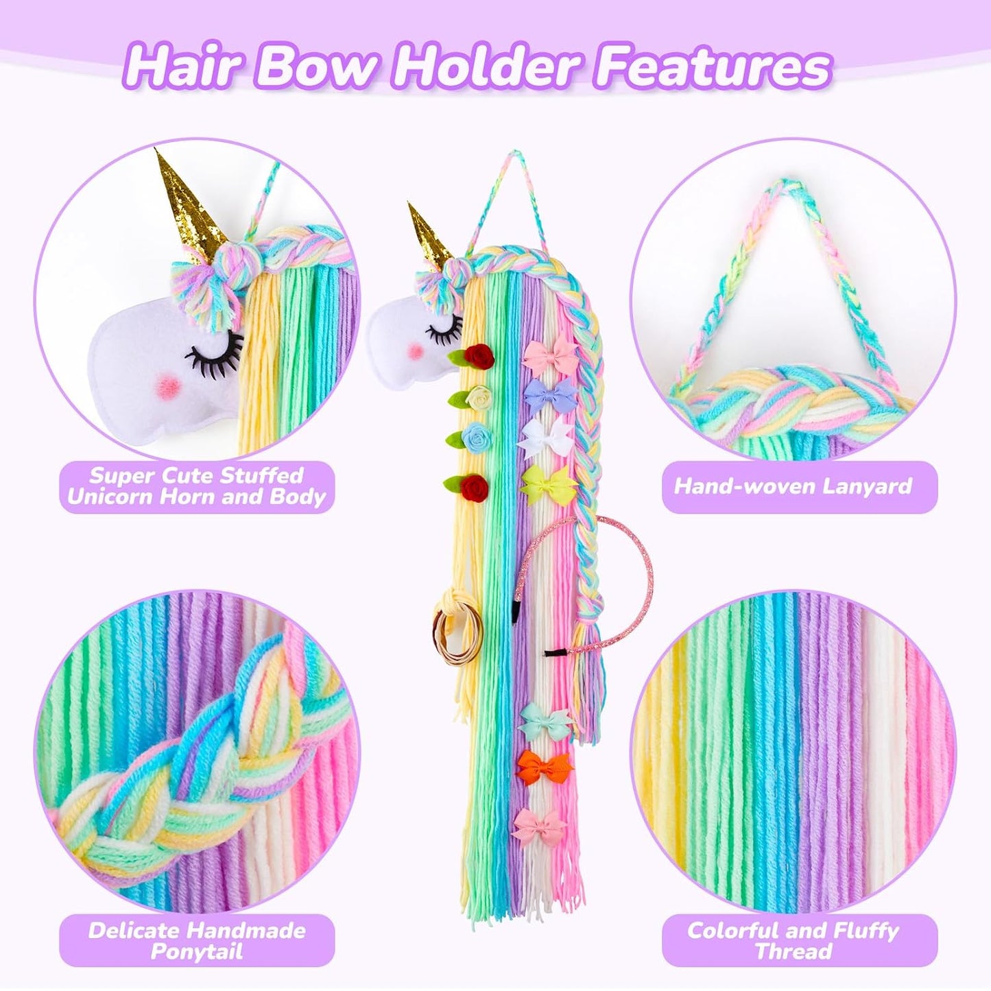 Unicorn Hair Bow Holder for Girls Wall Hanging Decor and Baby Hair Clip Hanger Organizer, Rainbow