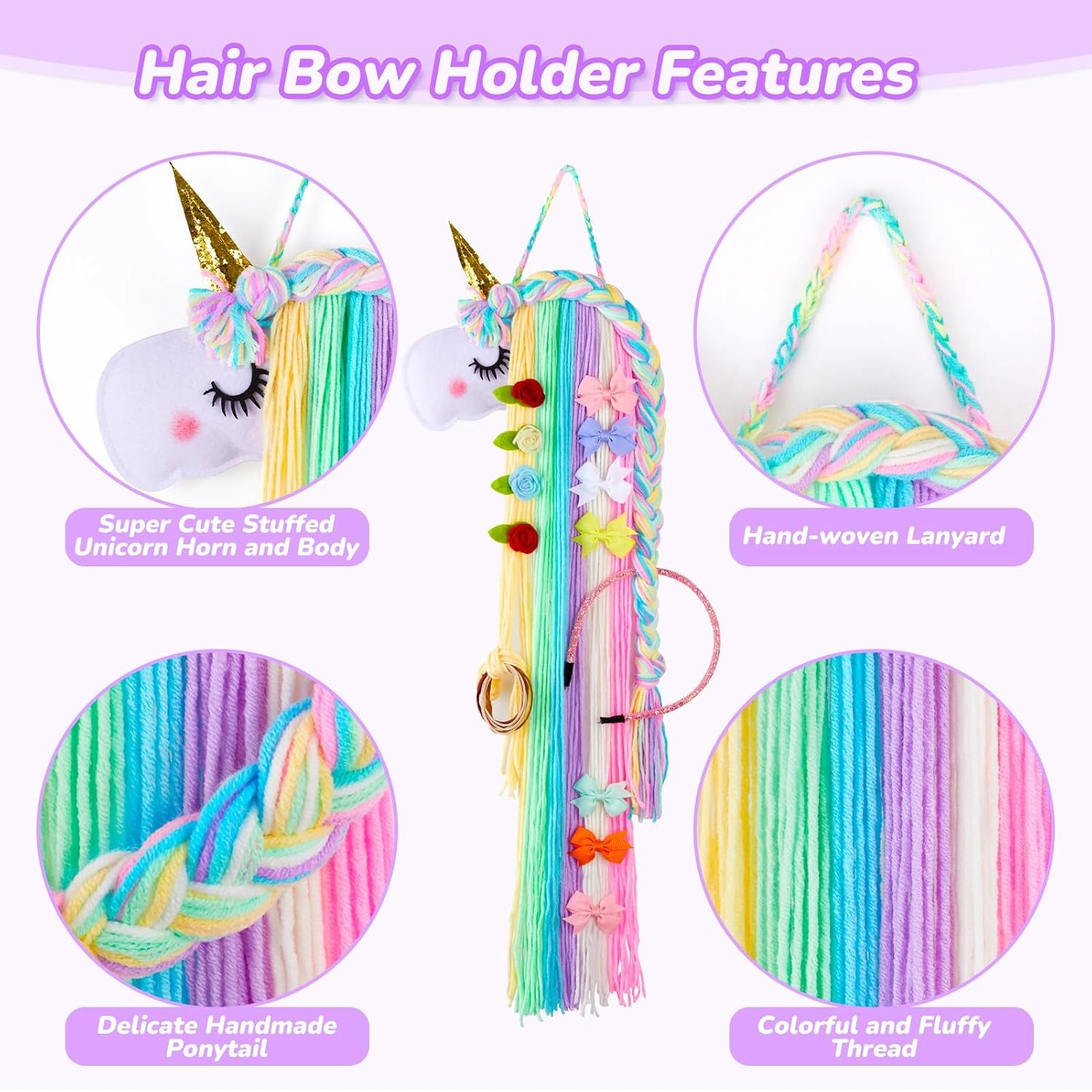 Unicorn Hair Bow Holder for Girls Wall Hanging Decor and Baby Hair Clip Hanger Organizer, Rainbow