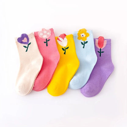 5 Pairs Girls Socks Cute Cartoon Flower Pattern Comfortable Breathable Kids Socks