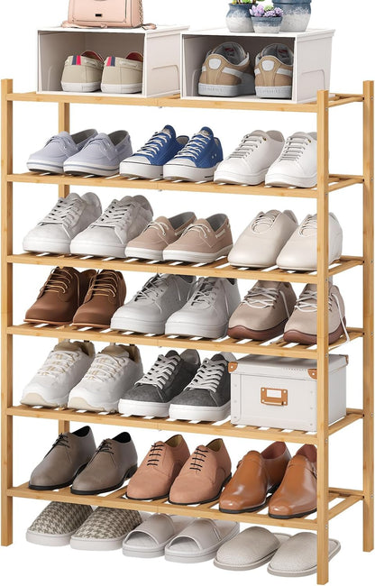 6-Tier Bamboo Shoe Rack for Entryway, Stackable | Foldable | Natural, Shoe Organizer for Hallway Closet, Free Standing Shoe Racks for Indoor Outdoor