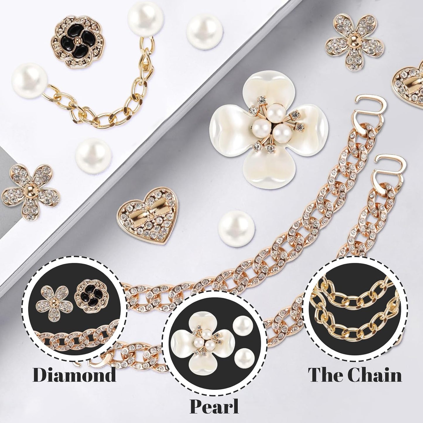 18 Pcs Bling Shoe Charms for Women, Flower Pearl Clog Shoes Accessories, Fashion Crystal Rhinestone Shoes Charms Pearl Chain DIY Sandals Decoration for Women Birthday Party Favors Accessories