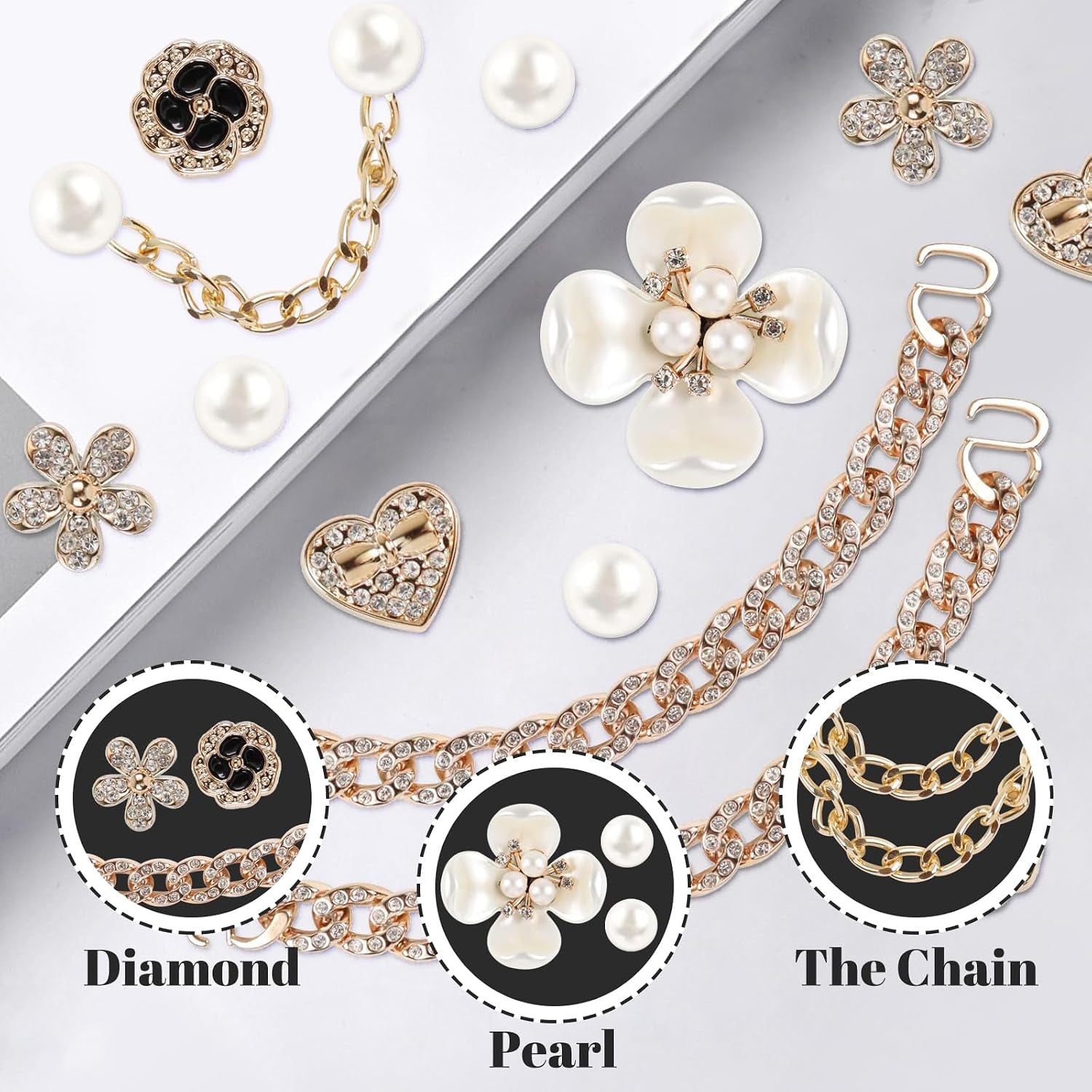 18 Pcs Bling Shoe Charms for Women, Flower Pearl Clog Shoes Accessories, Fashion Crystal Rhinestone Shoes Charms Pearl Chain DIY Sandals Decoration for Women Birthday Party Favors Accessories