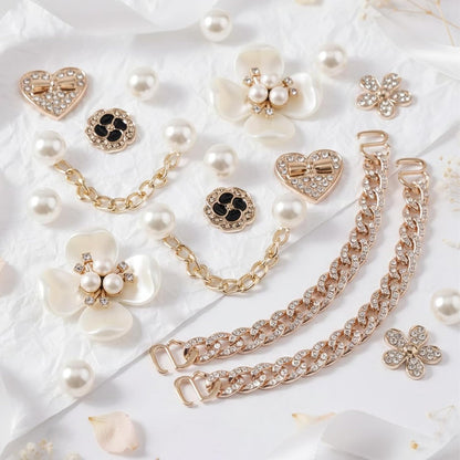 18 Pcs Bling Shoe Charms for Women, Flower Pearl Clog Shoes Accessories, Fashion Crystal Rhinestone Shoes Charms Pearl Chain DIY Sandals Decoration for Women Birthday Party Favors Accessories