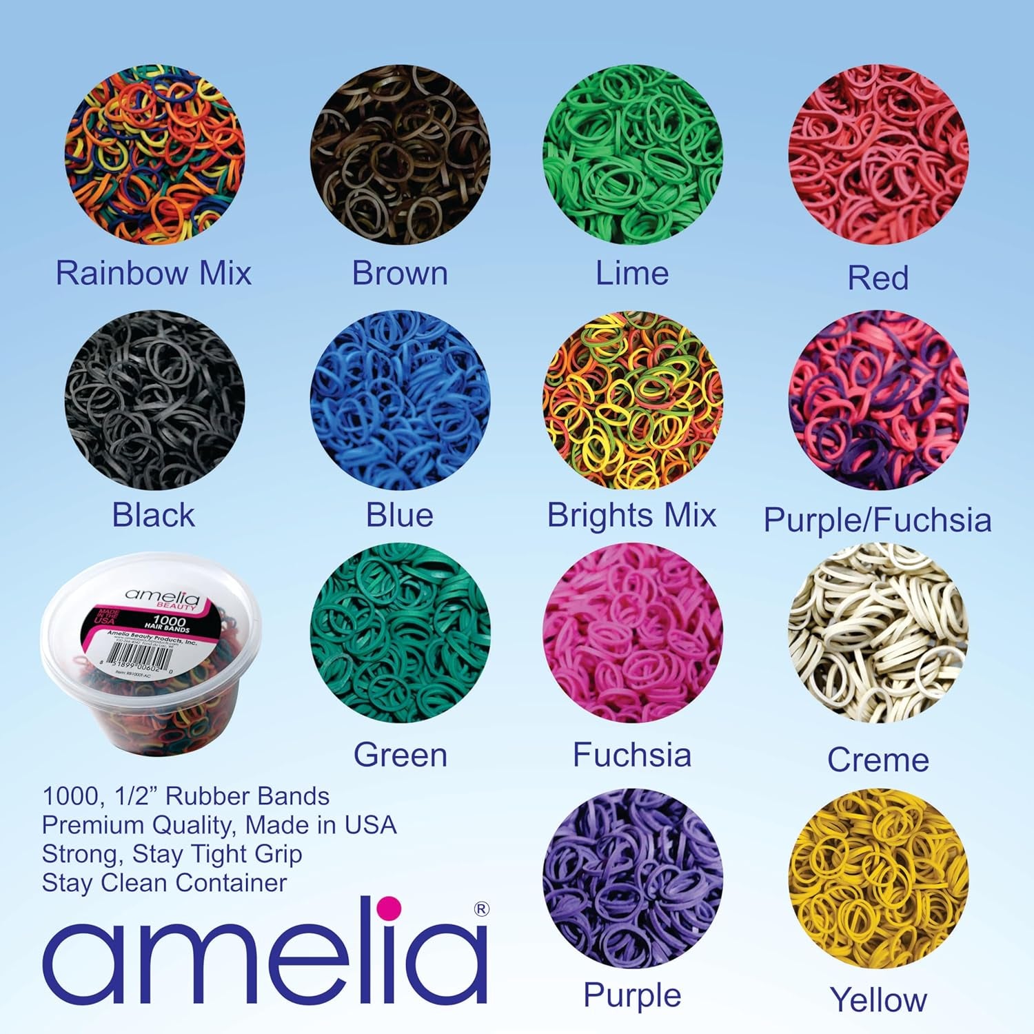 Amelia Beauty 1000 Count Small Rubber Bands for Hair – ½" Lime - Made in USA - Recloseable Container - Mini Hair Elastics for Braids, Ponytails, Cornrows & Twists – Strong Hold Ponytail Holders