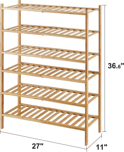 6-Tier Bamboo Shoe Rack for Entryway, Stackable | Foldable | Natural, Shoe Organizer for Hallway Closet, Free Standing Shoe Racks for Indoor Outdoor