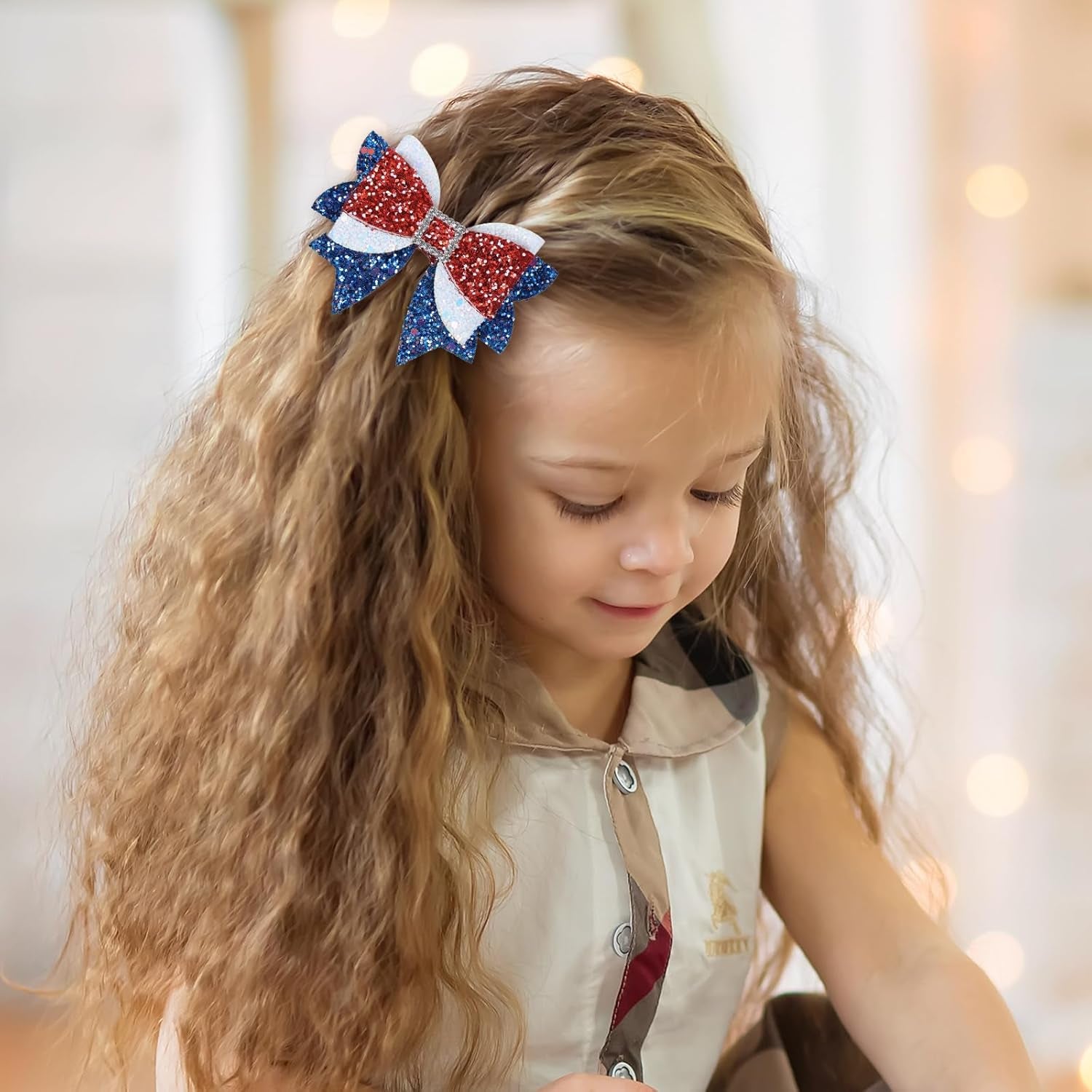 4Th of July Patriotic Hair Bows Alligator Clip for Girls Glitter Sparkly Red White Blue Sequin Cheer Barrettes Hairpins Independence Day Xmas Party Outfit Dress Decor Accessory Gift 3.5"