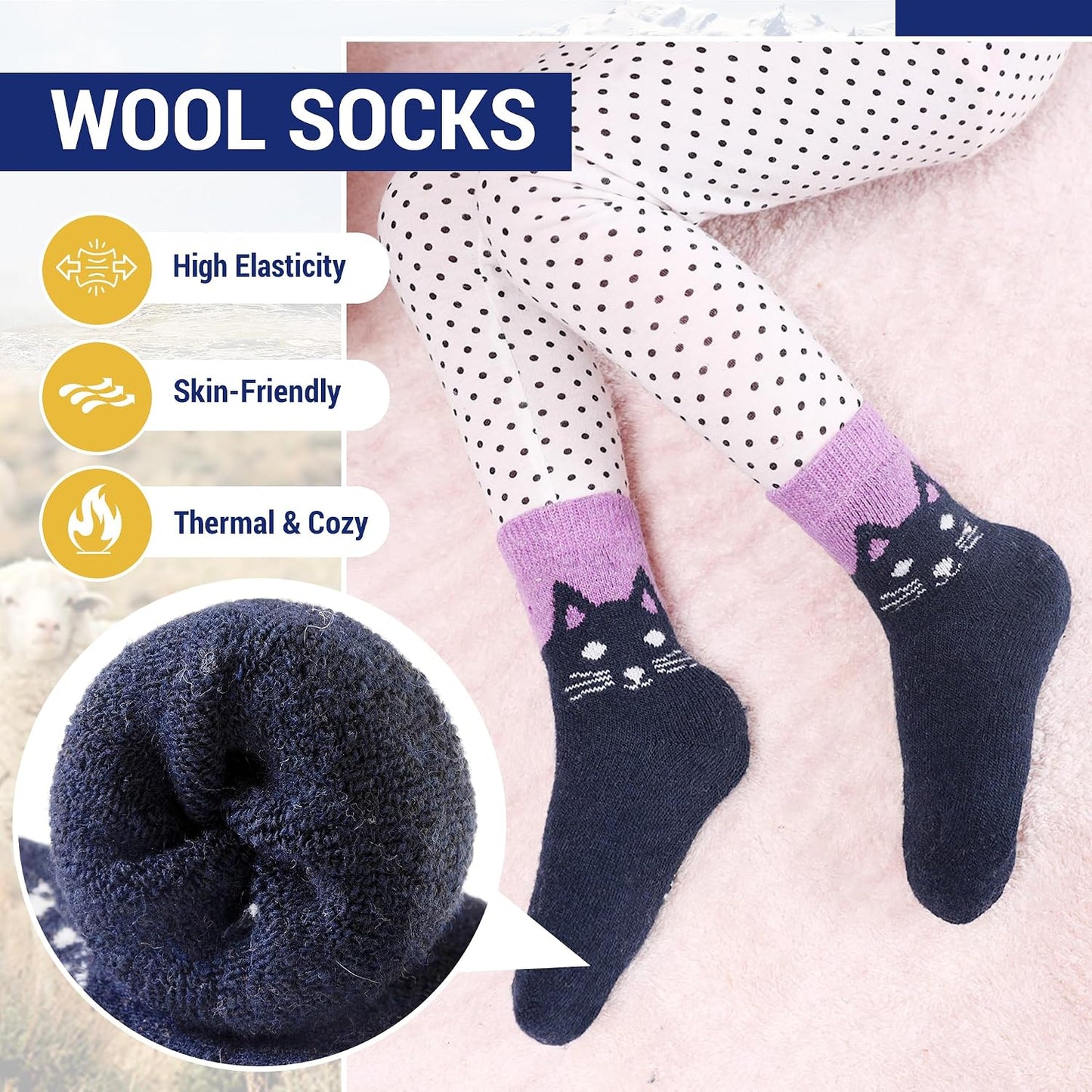 Kids Wool Socks Winter Warm Wool Hiking Thermal Thick Boot Cozy Crew Socks for Toddlers Boys Girls 6 Pairs