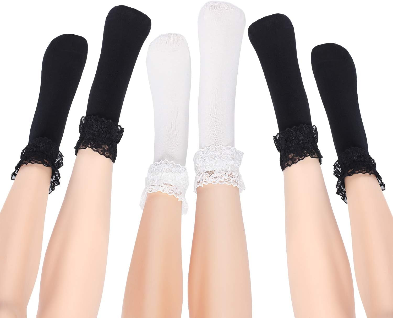 6 Pairs Ruffle Lace Ankle Socks Frilly Socks Women Princess(Black, White)