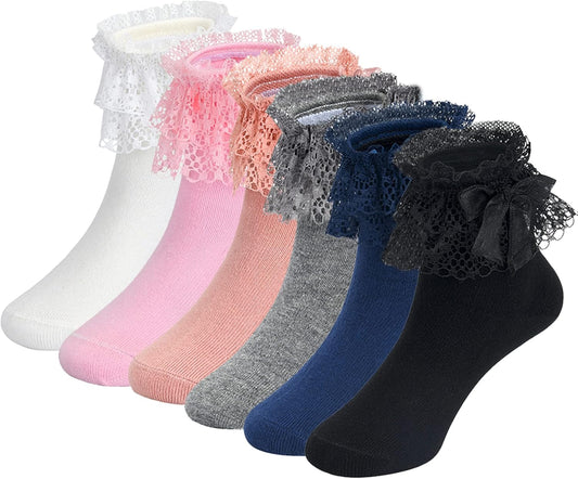 Toddler Girls Ruffle Socks Little Baby Cute Bowknot Lace Dress Socks 6 Pairs